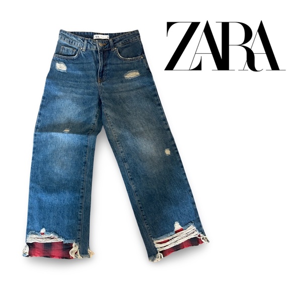 ZARA High Rise Wide Leg Raw Crop - Plaid Detail - Dark Wash Jeans - SZ 0 - Picture 4 of 16